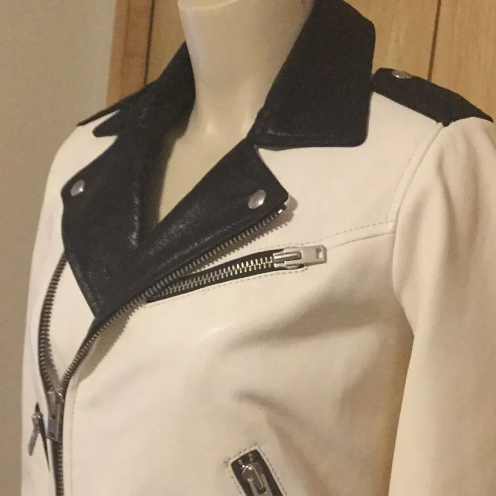 IRO White and Black Yulia Leather Jacket in Ecru - Picture 7 of 16